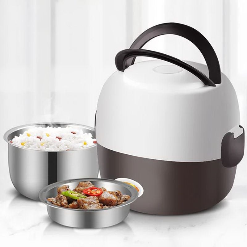 2-Layers Stainless Steel Lunch Box Portable Mini Electric Rice Cooker